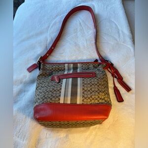 Coach Legacy Signature Canvas Duffle Shoulder Bag with Orange Leather